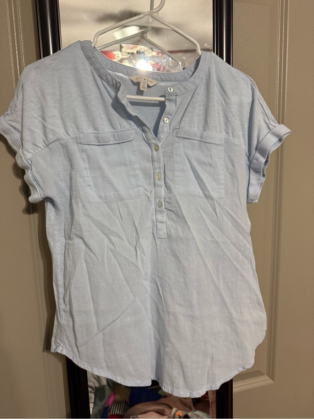 lucky Casual Women's Light Blue Short Sleeve Henley Top